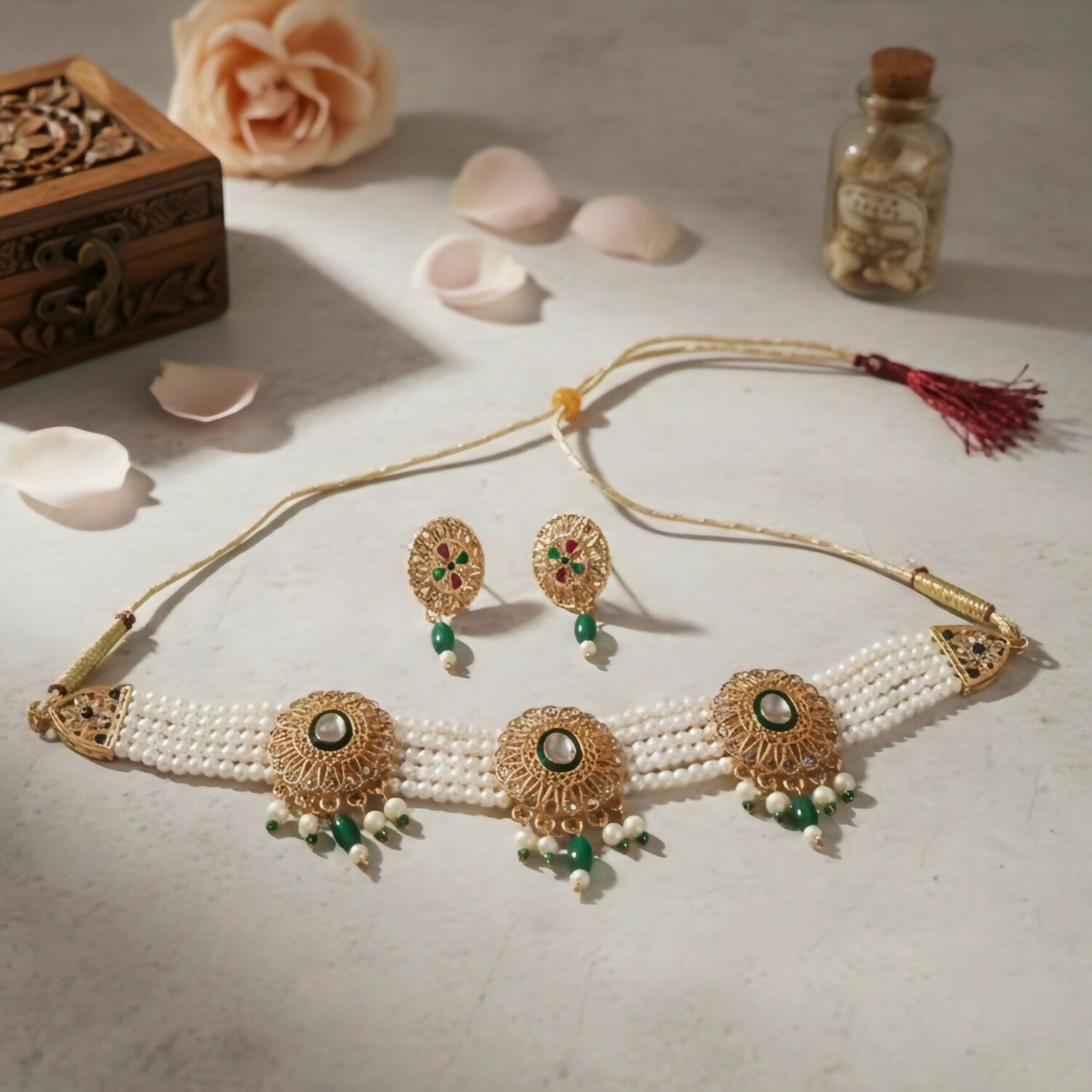 Traditional Gold-Plated Kundan Pearl Choker Necklace Set with Emerald Green Drops and Matching Earrings