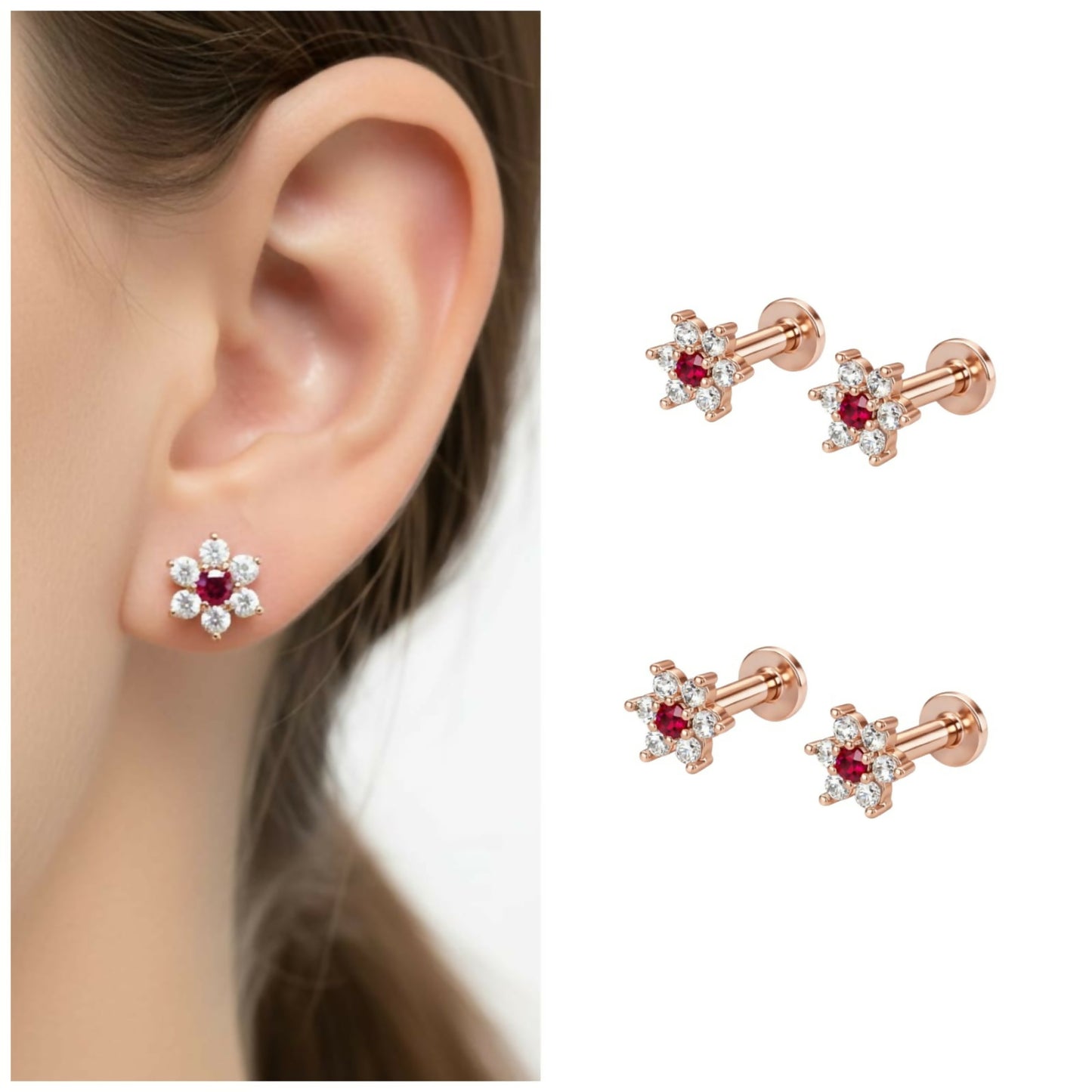 Combo pack of two pairs of Rose Gold Ruby & Diamond Flower flat back stud earrings