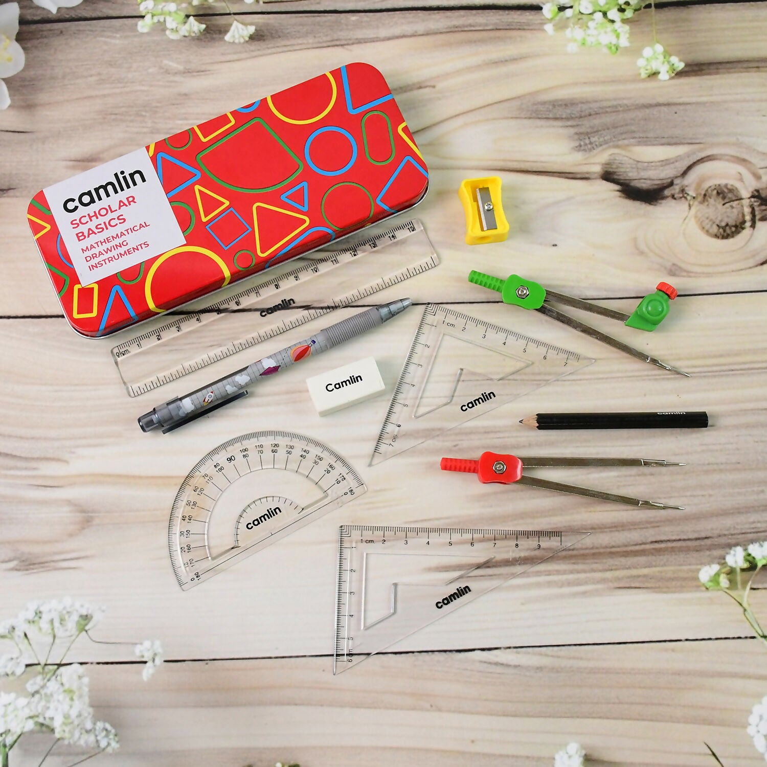 Camlin Scholar Basics Mathematical Instruments Geometry Box – Complete School Compass & Ruler Set
