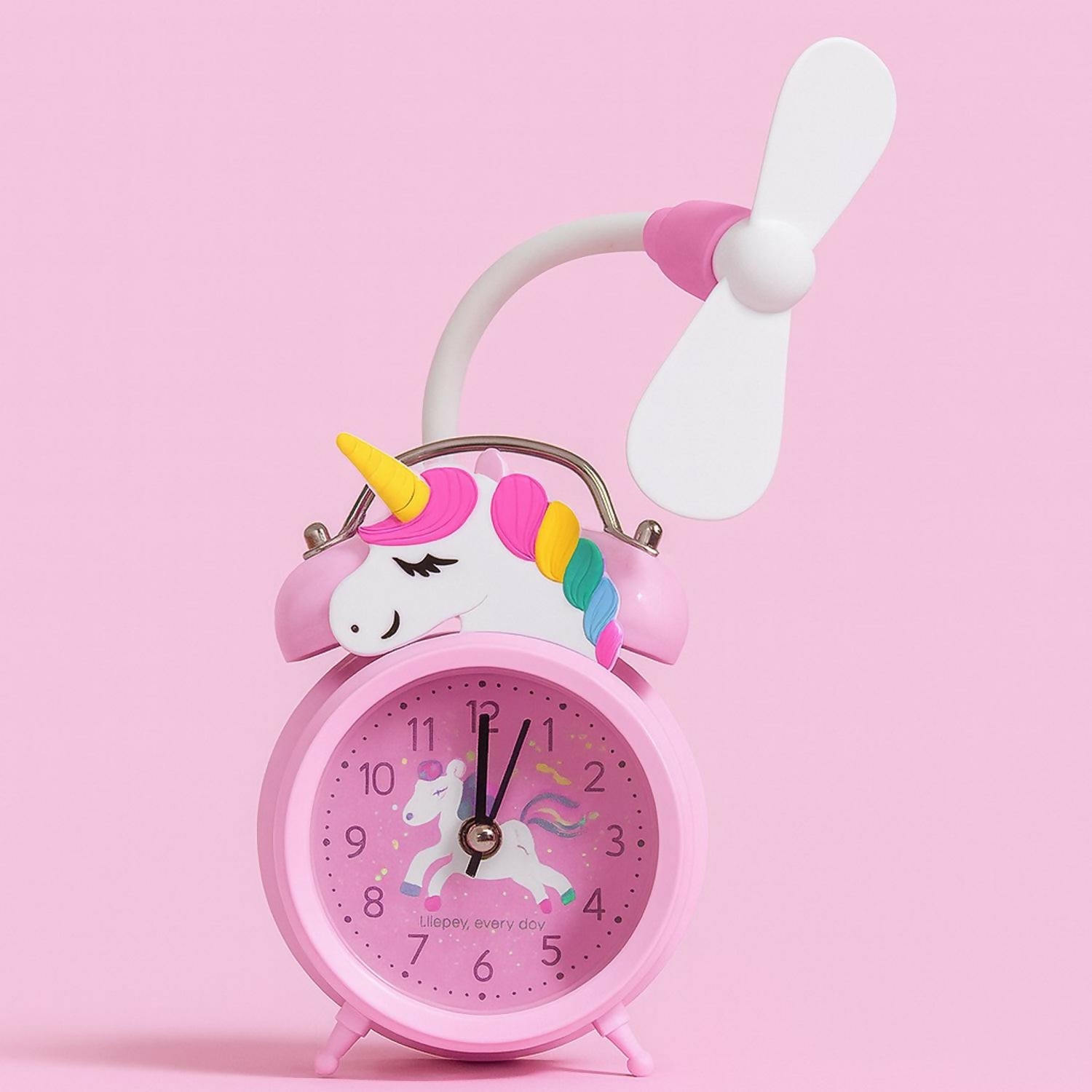 Unicorn Design Pink Alarm Clock with Cute Fan | Kids Table Clock with Night Light & Cartoon Unicorn Theme | Silent Quartz Movement, Battery Operated Bedside Clock for Girls Bedroom & Gift