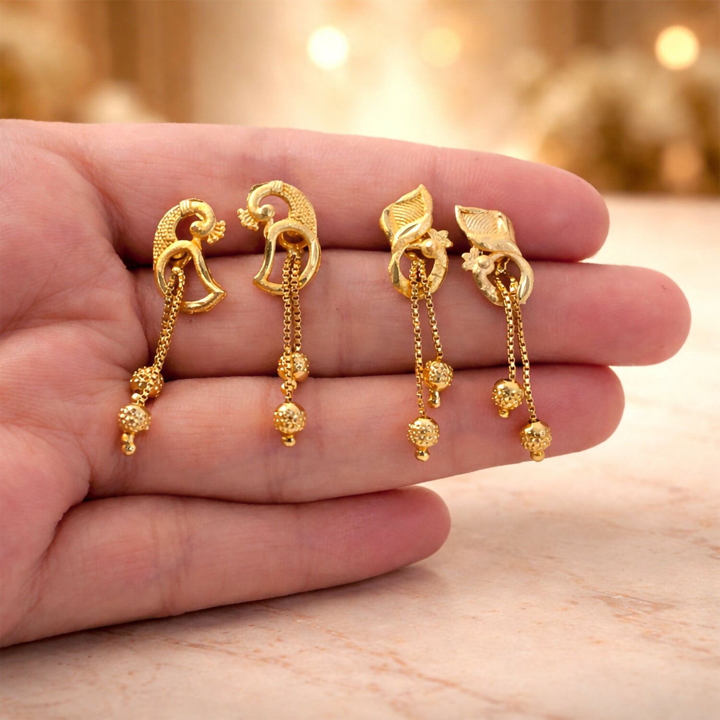 Elegant Gold-Toned Ethnic Earrings Set with Floral Peacock Design & Beads (2 Pair)
