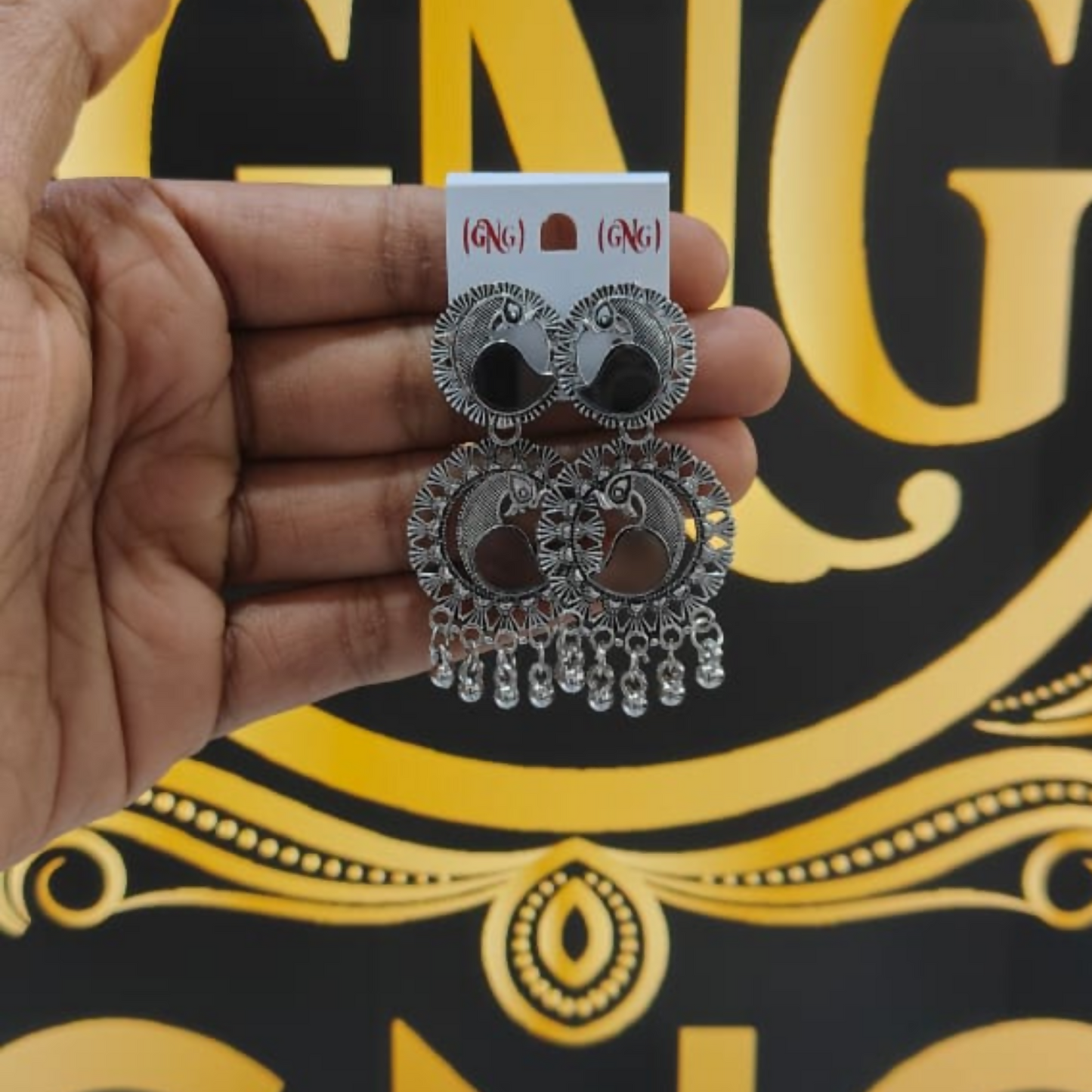 Silver Look Peacock Mirror Work Jhumka Earings