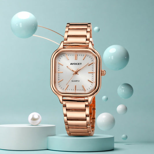 Stylish Rose Gold Square Dial Analog Women’s Watch with Metal Strap