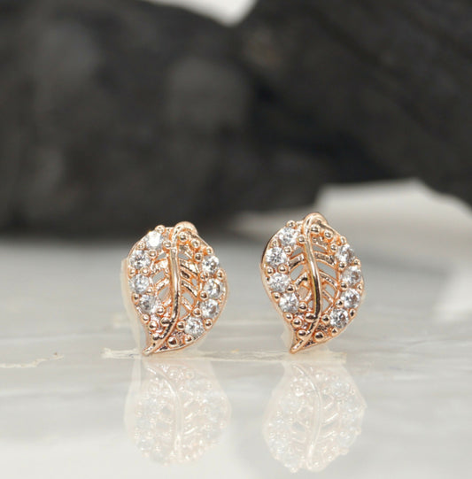 Rose Gold Leaf Stud Earrings with AD for women and girls