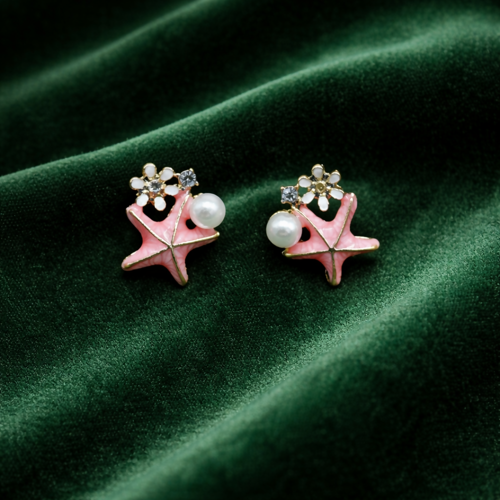Box packaging for pink starfish pearl stud earrings
