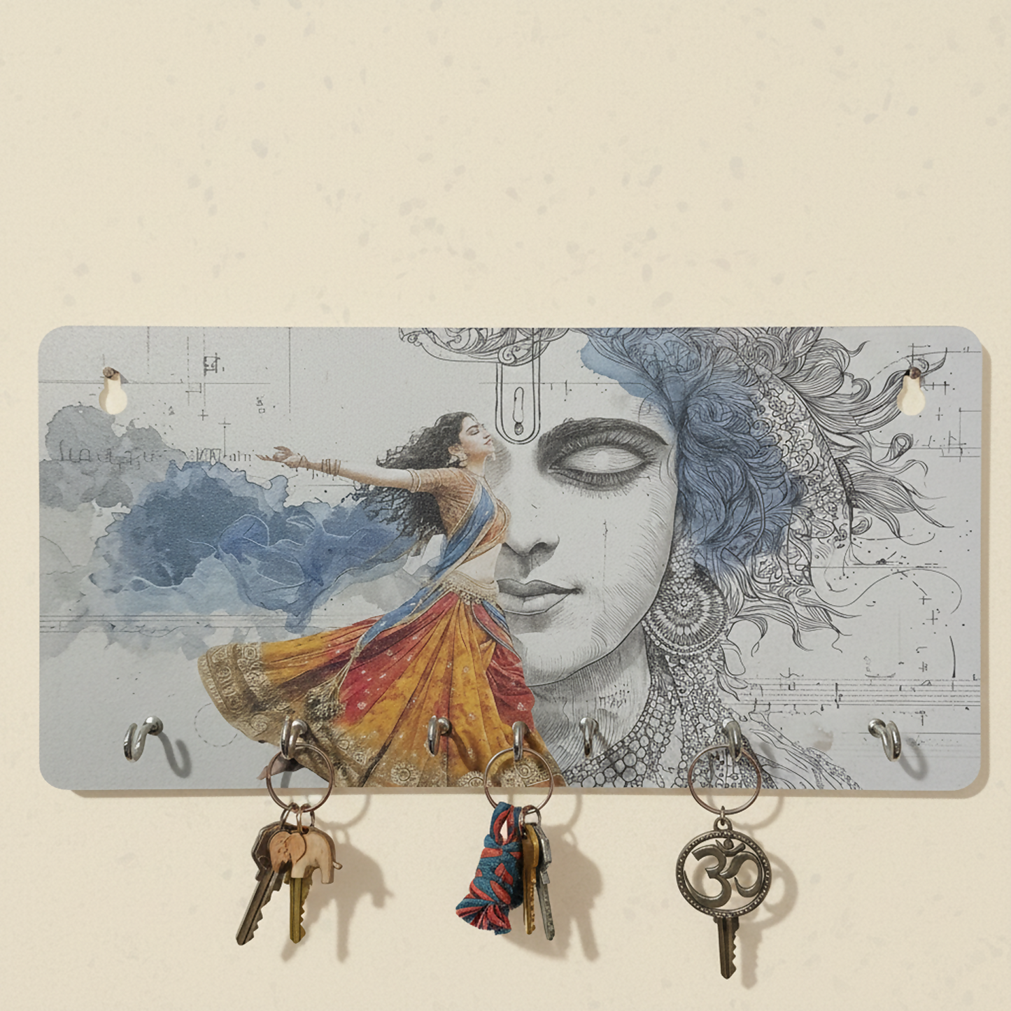 Lord Krishna key holder hung next to house entrance showcasing spiritual art