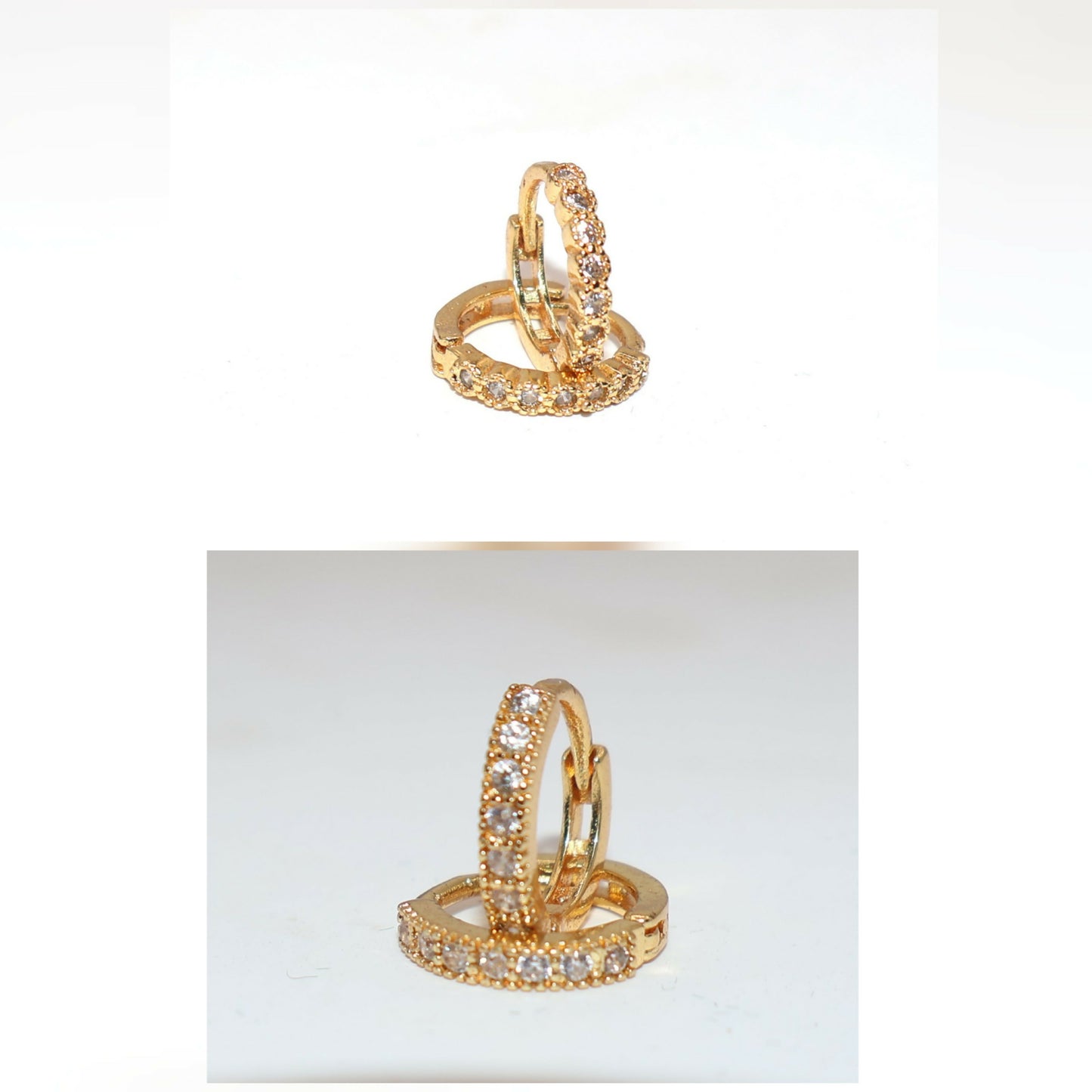 Gold plated huggie hoop earrings shown worn, highlighting their comfortable fit and sparkle