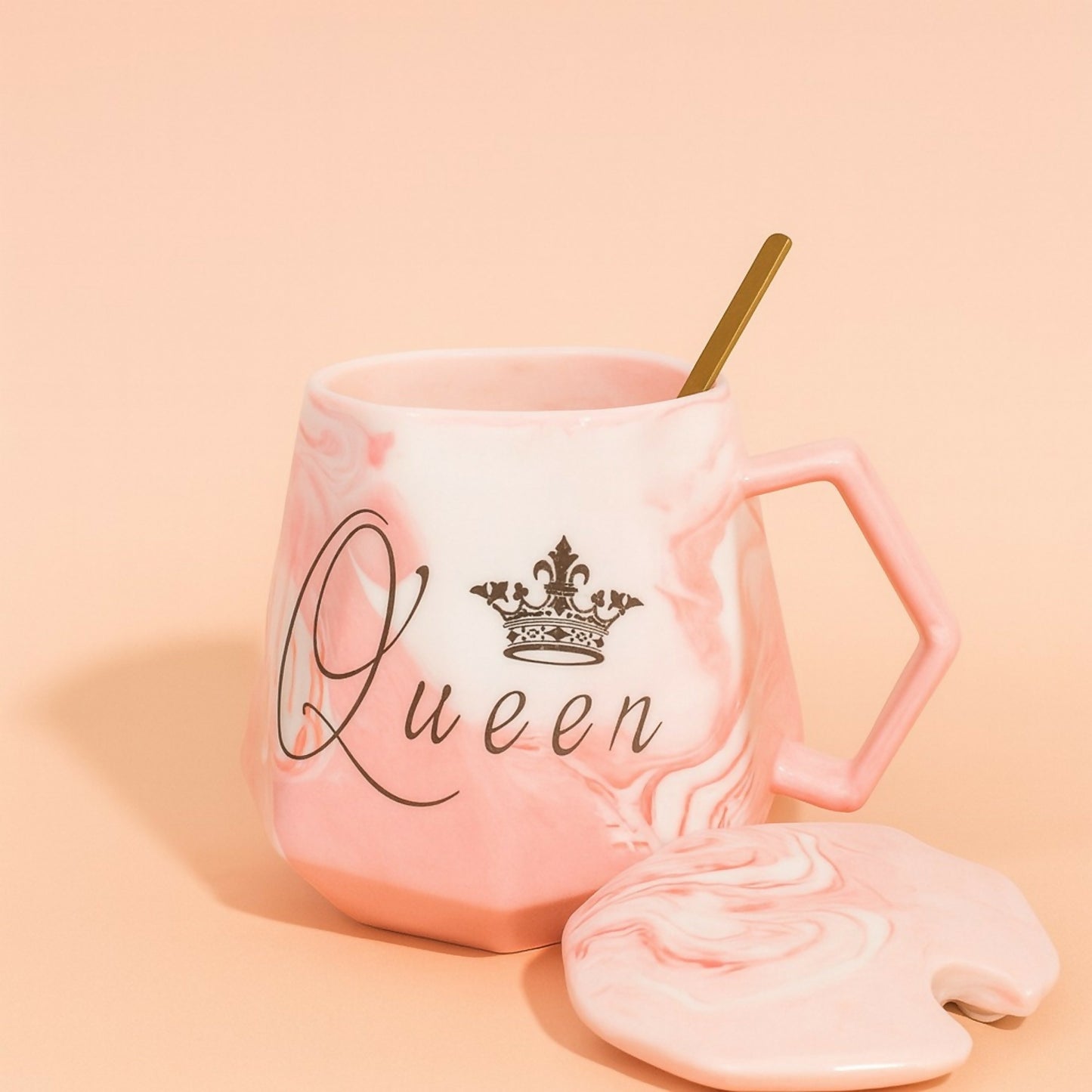 Queen Marble Ceramic Mug with Lid & Spoon | Premium Designer Coffee & Tea Cup for Women | Luxury Crown Print Gift Mug | Heat-Retaining Lid | Elegant Geometric Shape | Perfect Gift for Wife, Girlfriend, Sister & Mom (Queen Edition)