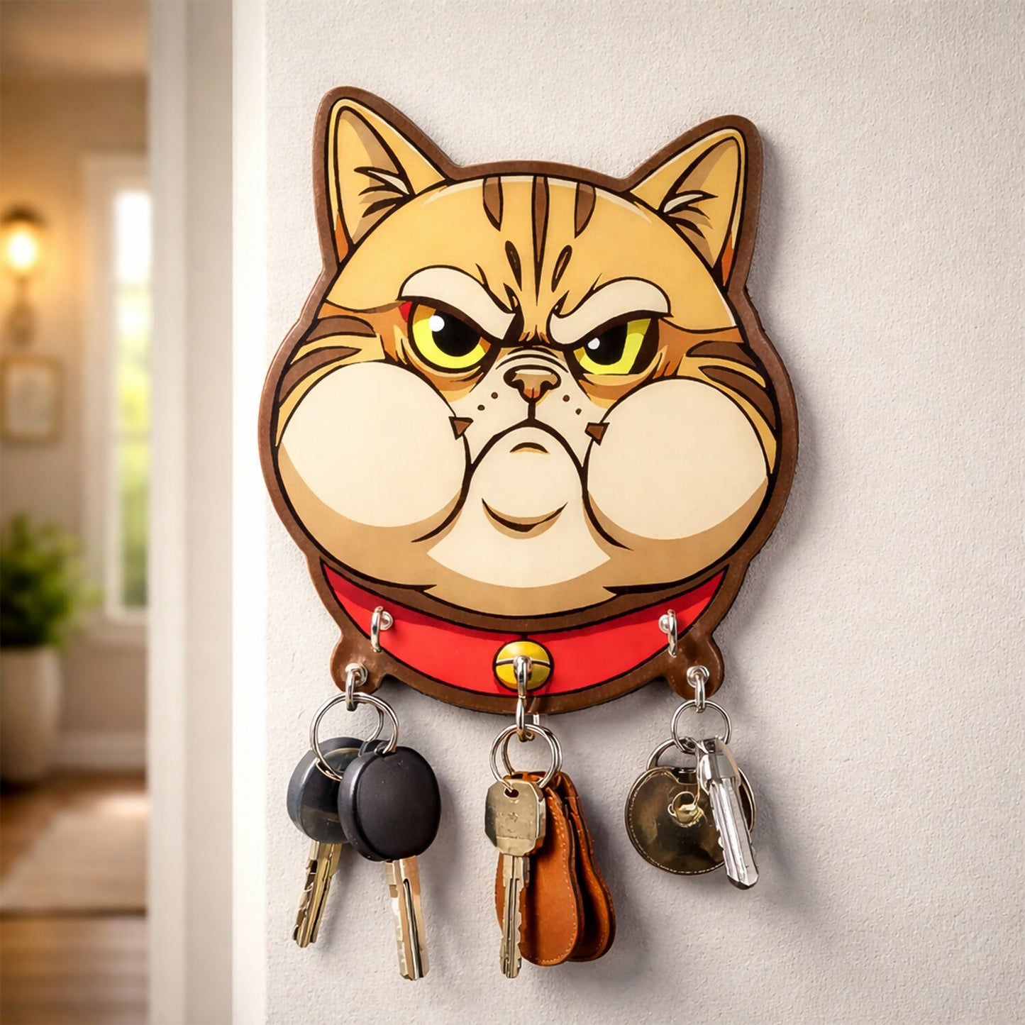Cute Cartoon Cat Wooden Key Holder Wall Mounted Decorative Key Rack for Home Entrance