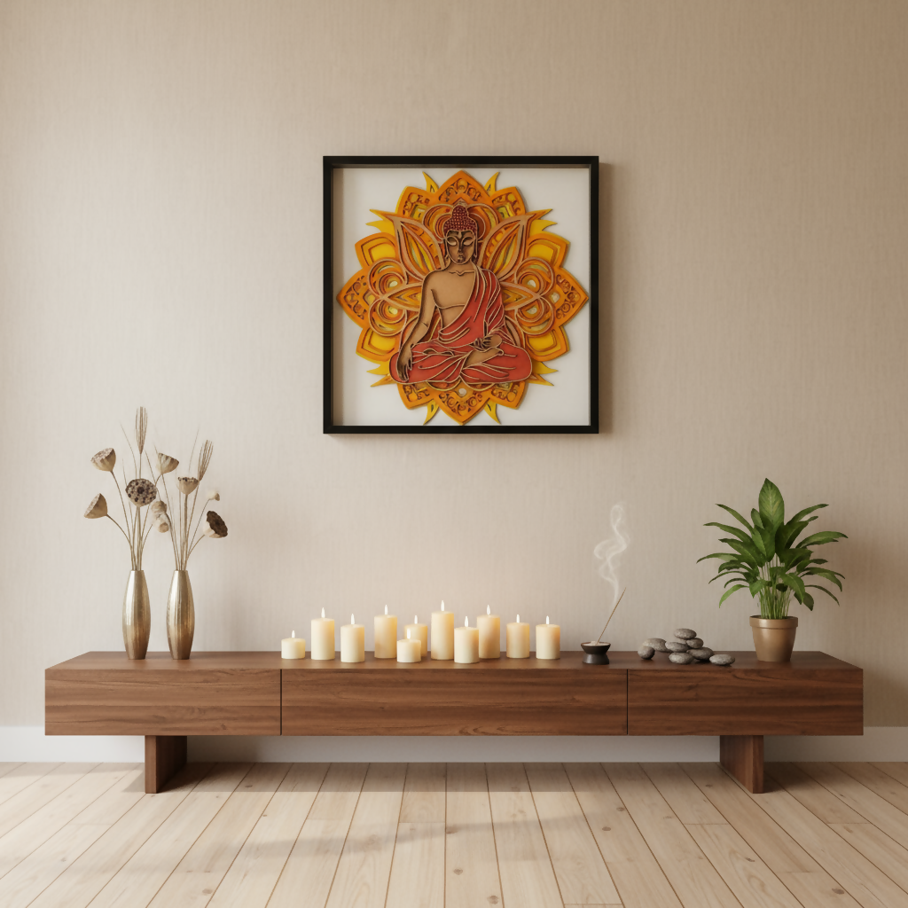 Handcrafted Wooden Buddha Wall Art – Multi-Layer 3D Wall Frame | Peaceful Mandala Design | Spiritual Home Decor Gift | Handmade Indian Artwork