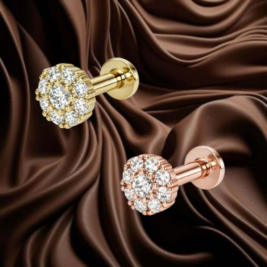 Gold plated diamond flower cluster nosepin stud in yellow gold with flat back design
