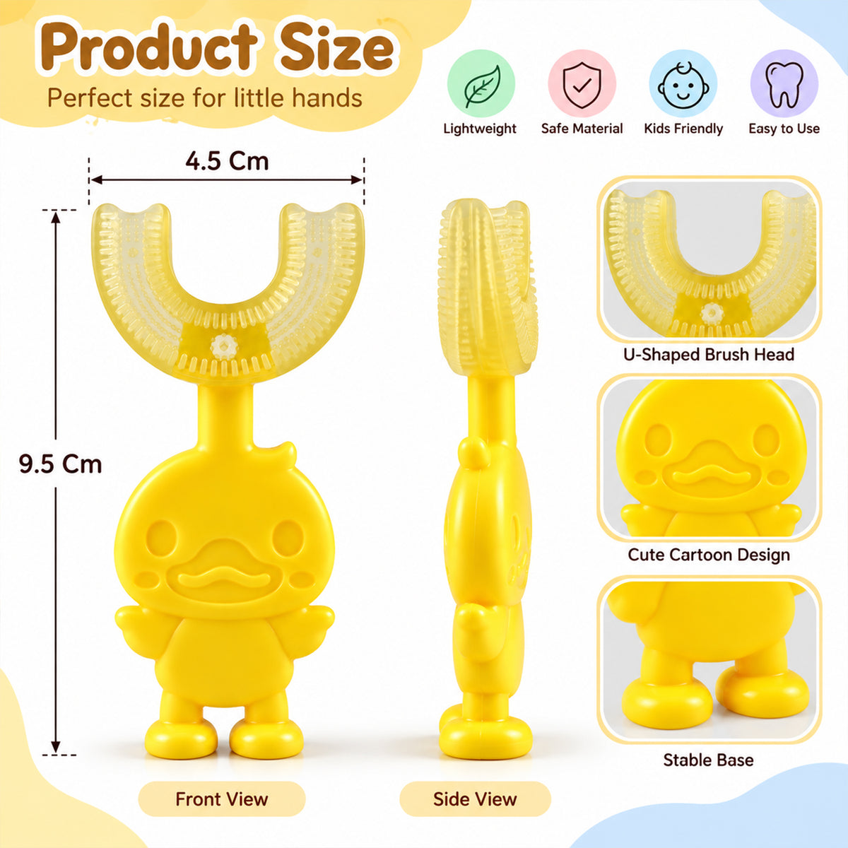 An infographic displays front and side views of the yellow duck toothbrush with dimensions and features.