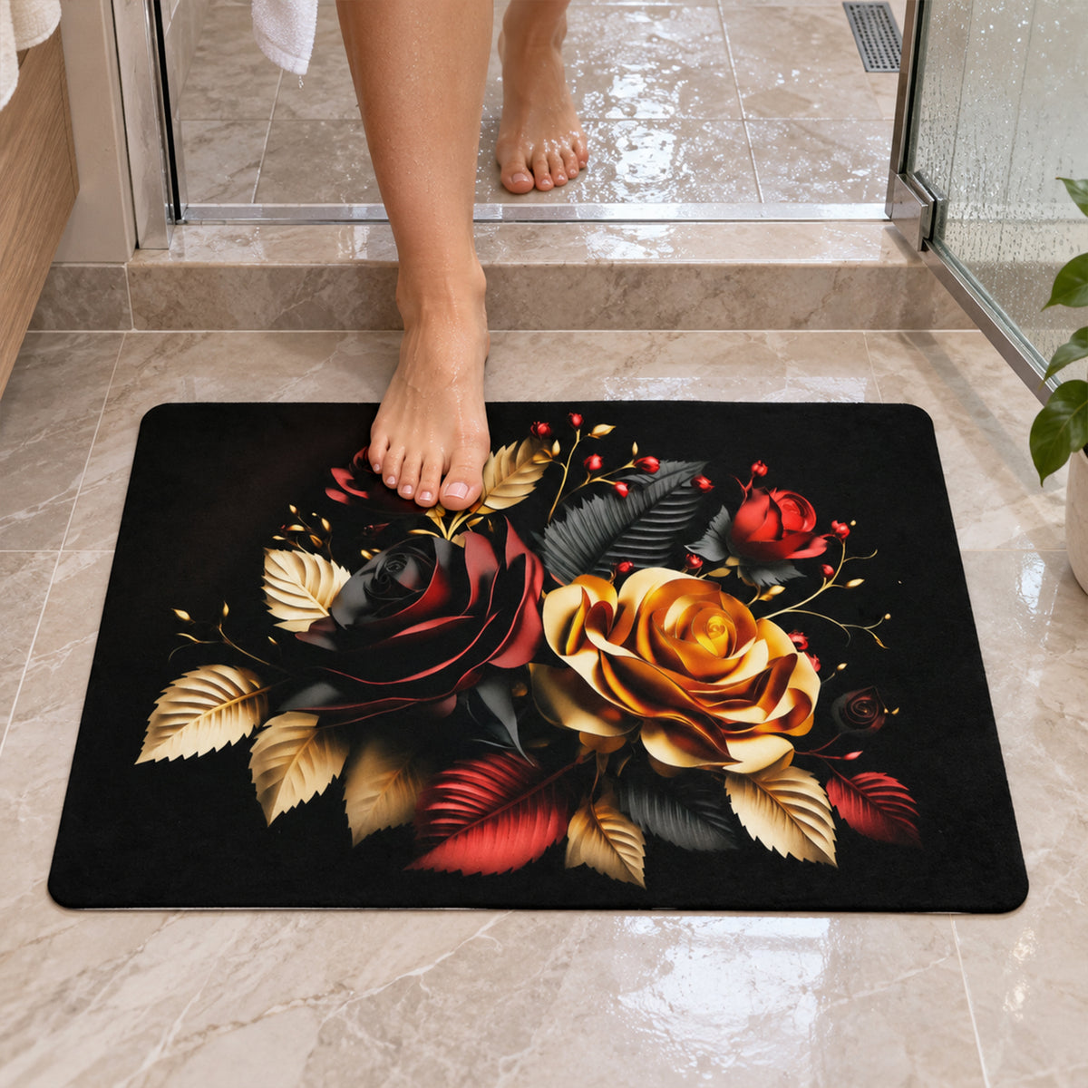Decorative Floral Rose Print Bathroom Floor Mat for Indoor Use (1 Pc, 58x38 Cm)
