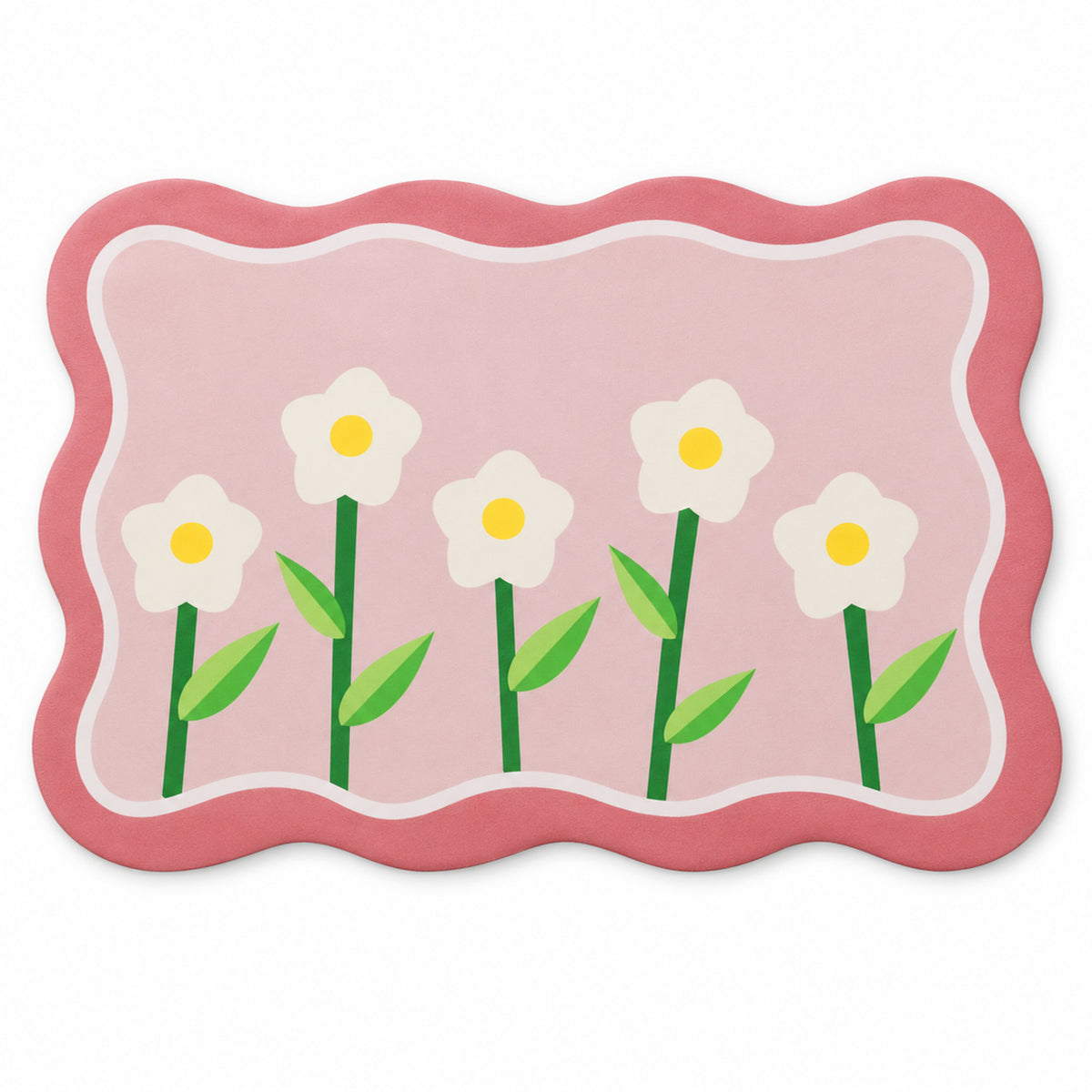 Decorative Floral Bathroom Floor Mat with a Wavy Border Design (1 Pc, 59x40 Cm)
