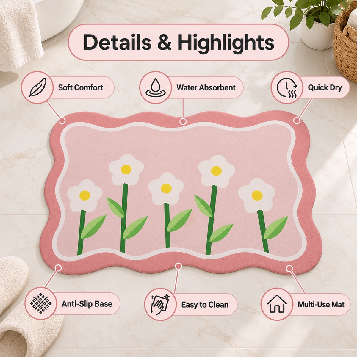 Decorative Floral Bathroom Floor Mat with a Wavy Border Design (1 Pc, 59x40 Cm)