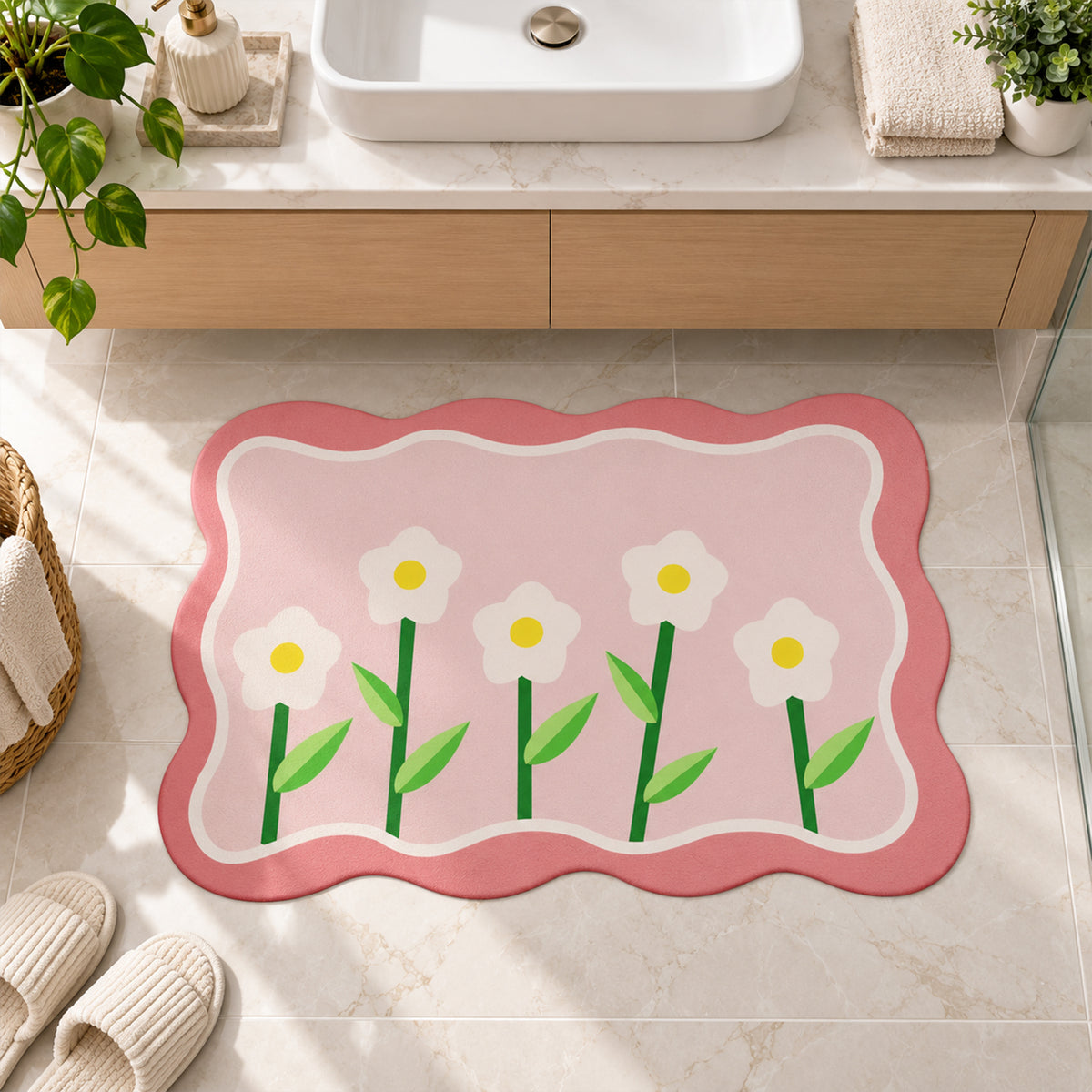 Decorative Floral Bathroom Floor Mat with a Wavy Border Design (1 Pc, 59x40 Cm)