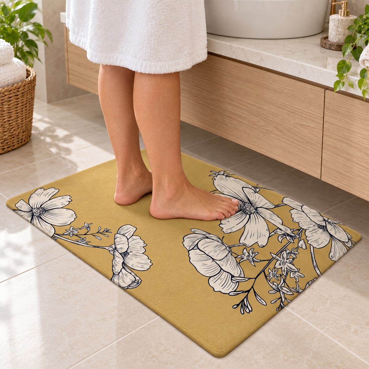 Absorbent Bathroom Mat, Mustard Floral Print Quick Dry Mat (1 Pc, 79.8x39.5 Cm)