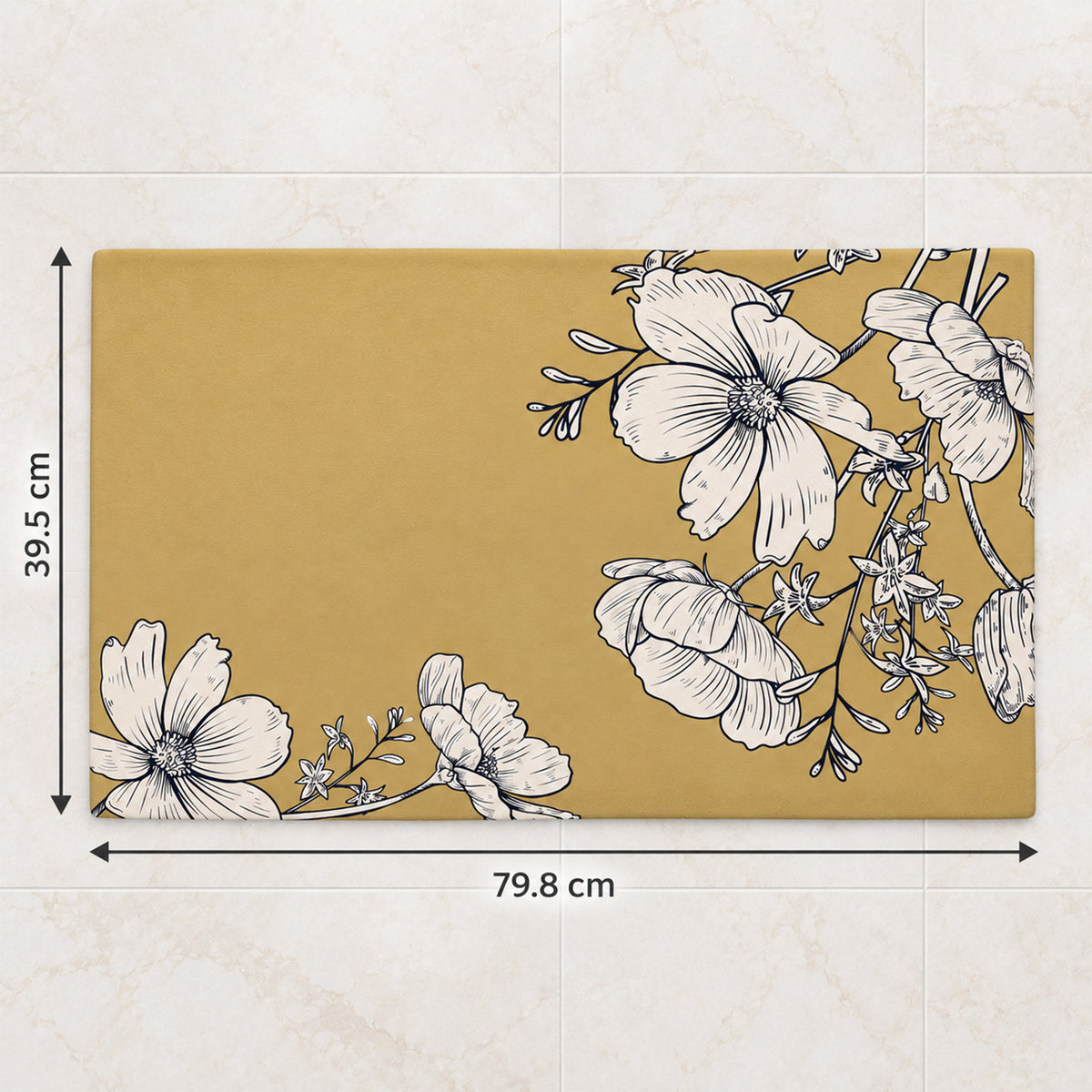 Absorbent Bathroom Mat, Mustard Floral Print Quick Dry Mat (1 Pc, 79.8x39.5 Cm)