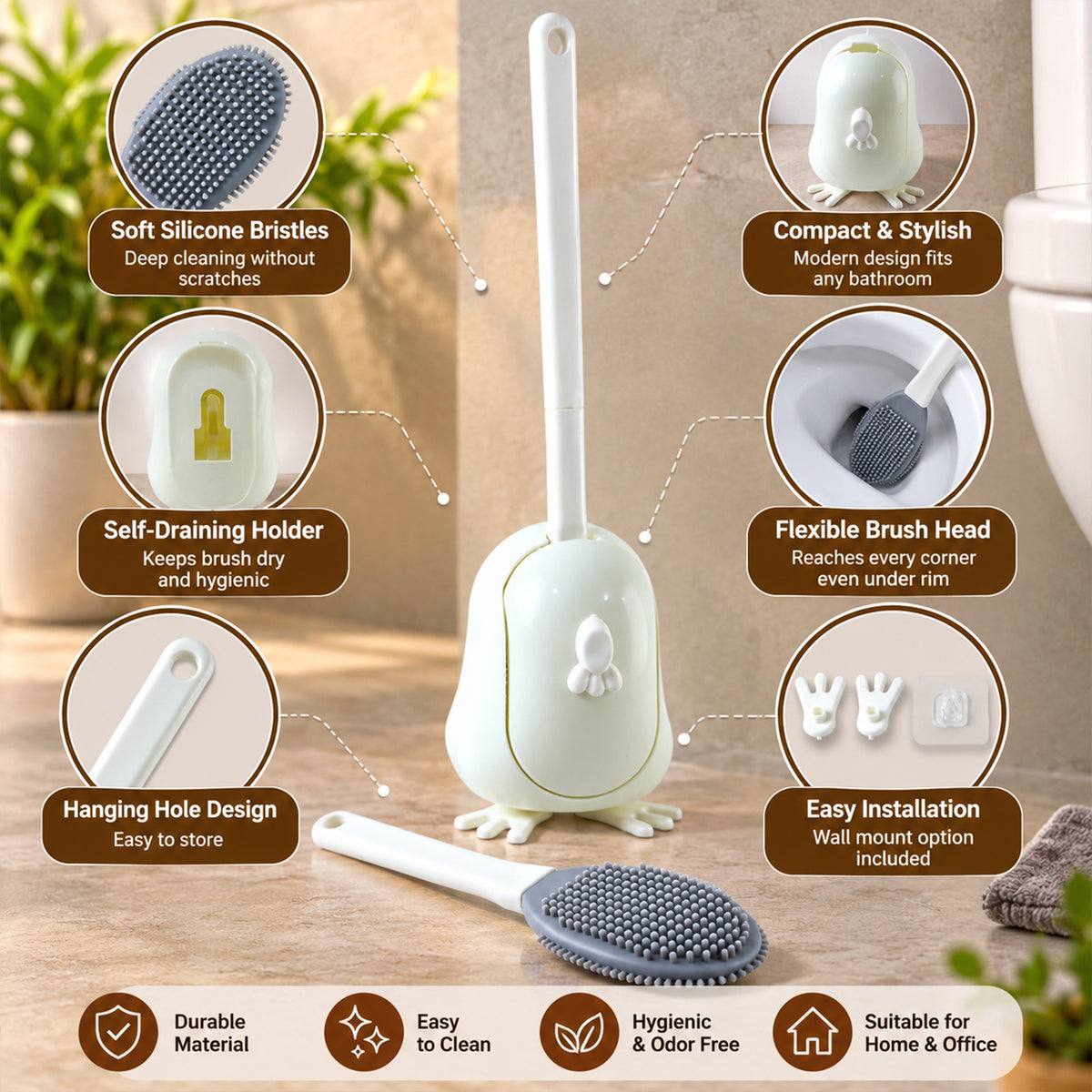 Toilet Cleaning Brush Set with Silicone Bristles and Wall Mounted Storage Holder