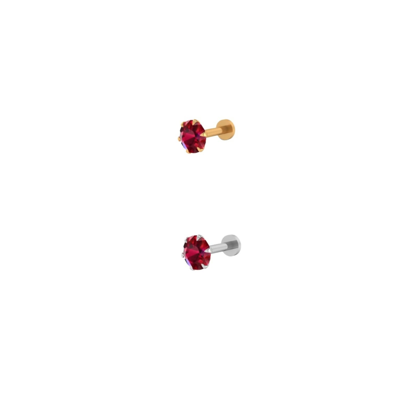 Close-up of flat back nosepin stud with ruby red crystal in gold finish