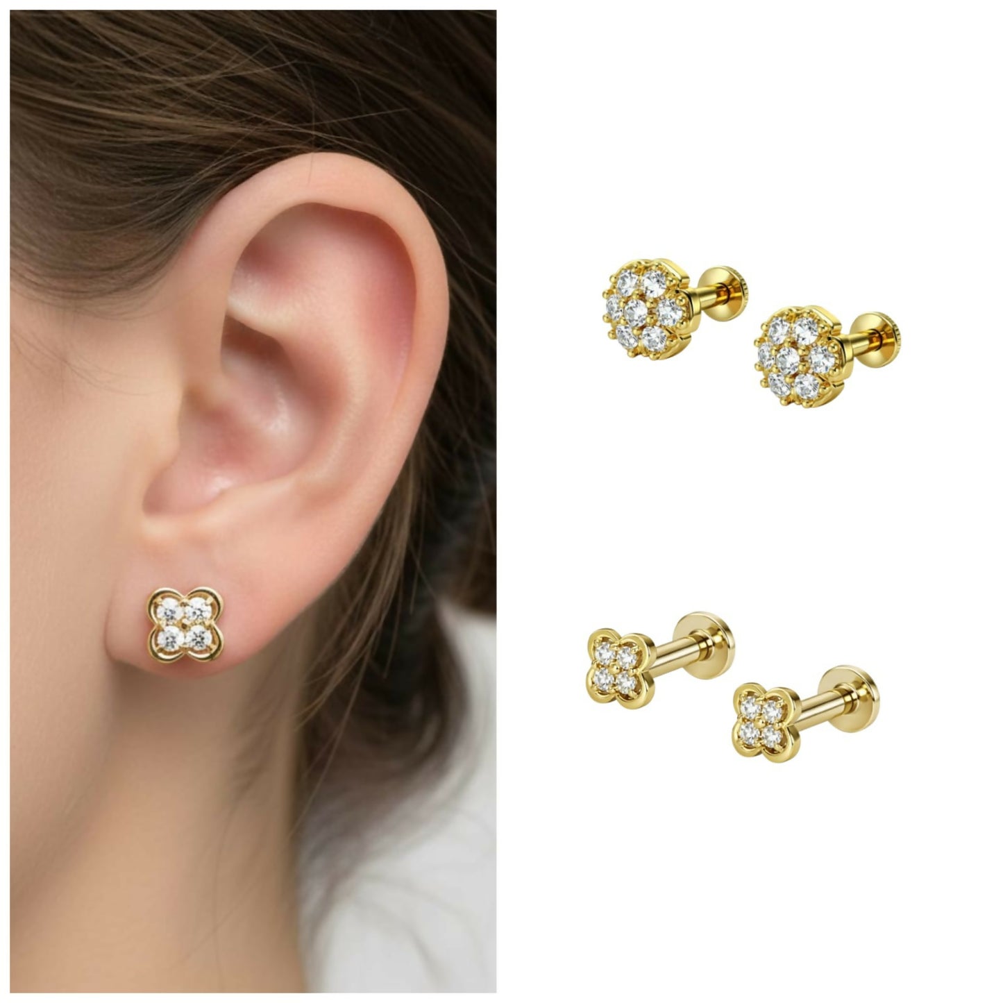 Close-up view of elegant gold clover labret studs with flat-back design