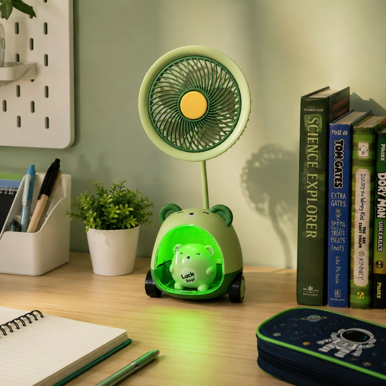 Rechargeable Desk Fan with Night Lamp, Wheels & USB Charging