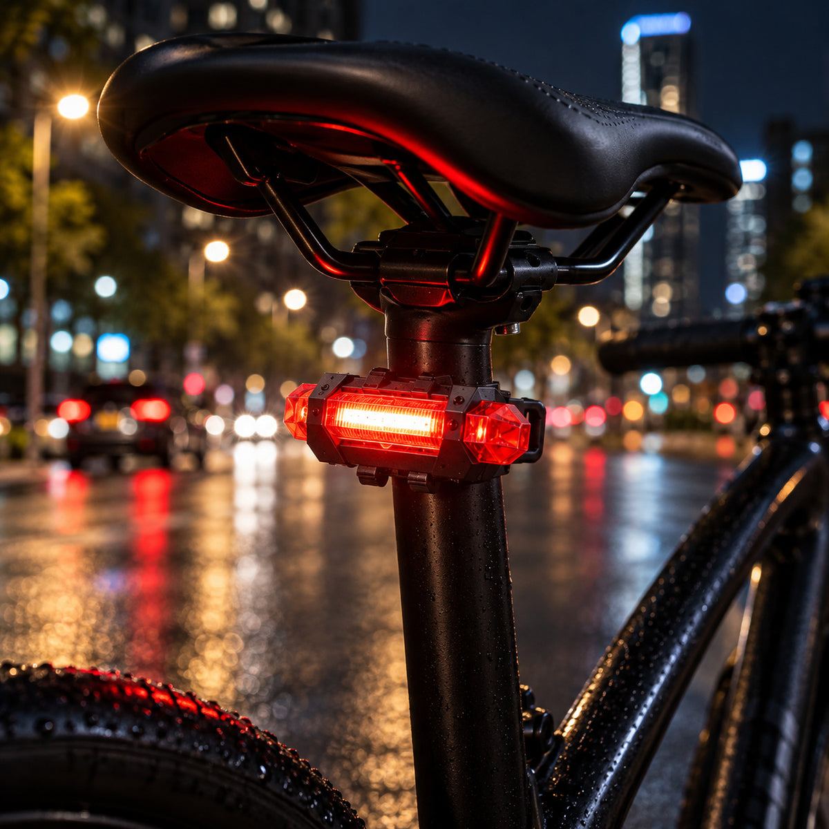 A red LED bicycle tail light illuminates a dark, wet city street scene, attached to a bike seat post.