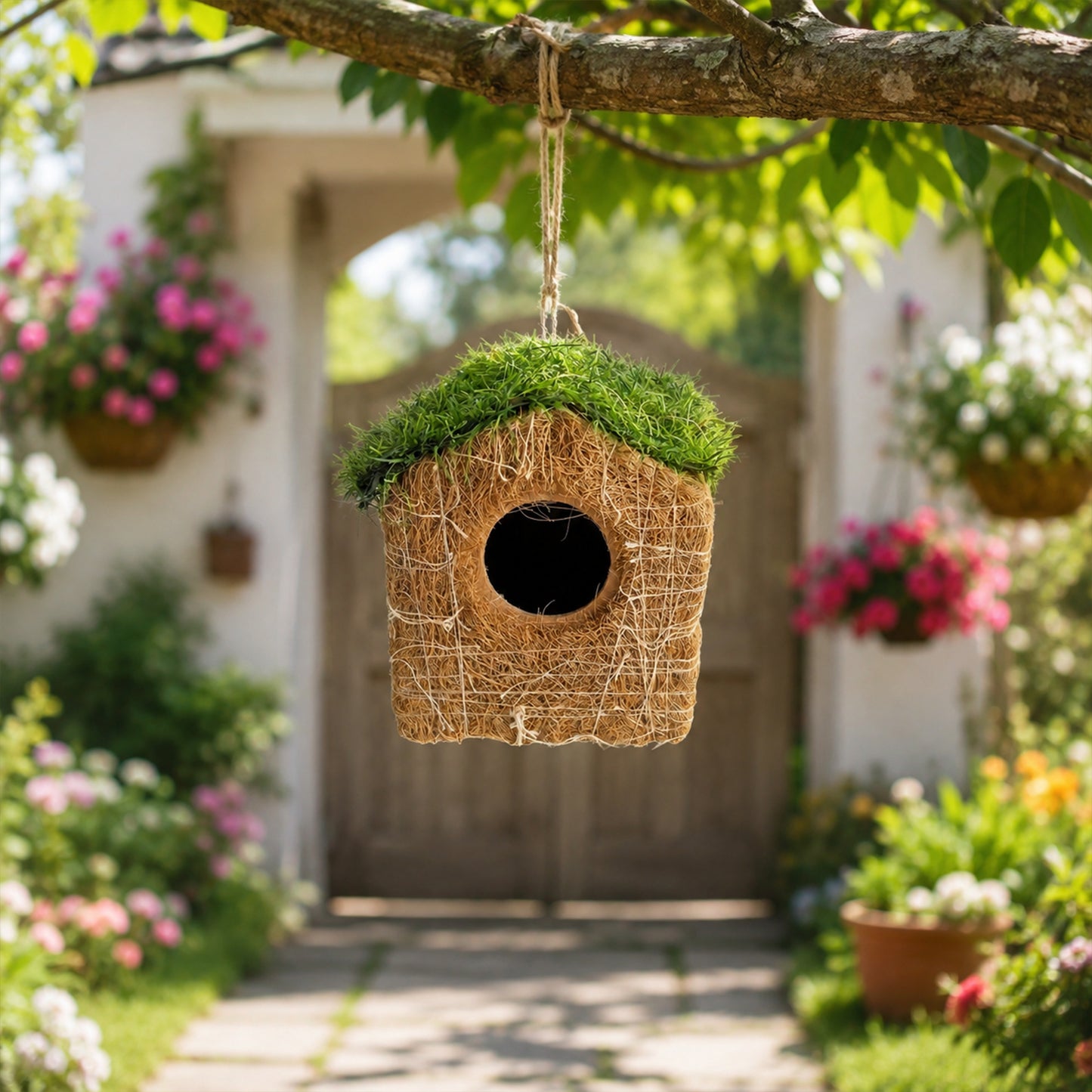 Handmade Coir Bird House with Grass Roof for Outdoor & Garden