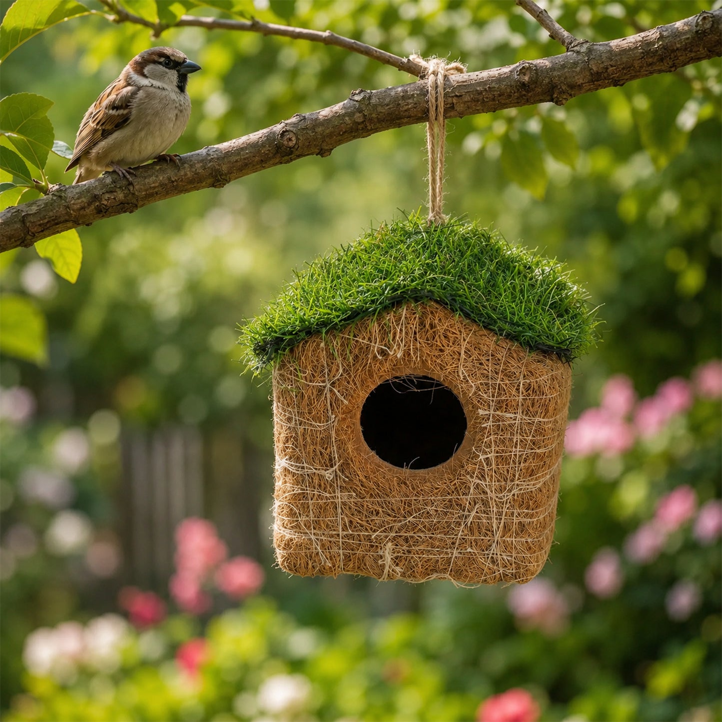 Handmade Coir Bird House with Grass Roof for Outdoor & Garden