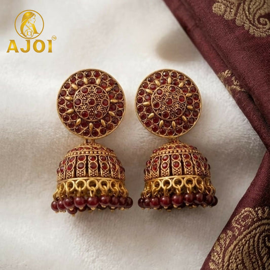 Antique Gold Maroon Stone Jhumka Earrings Traditional Ethnic Design