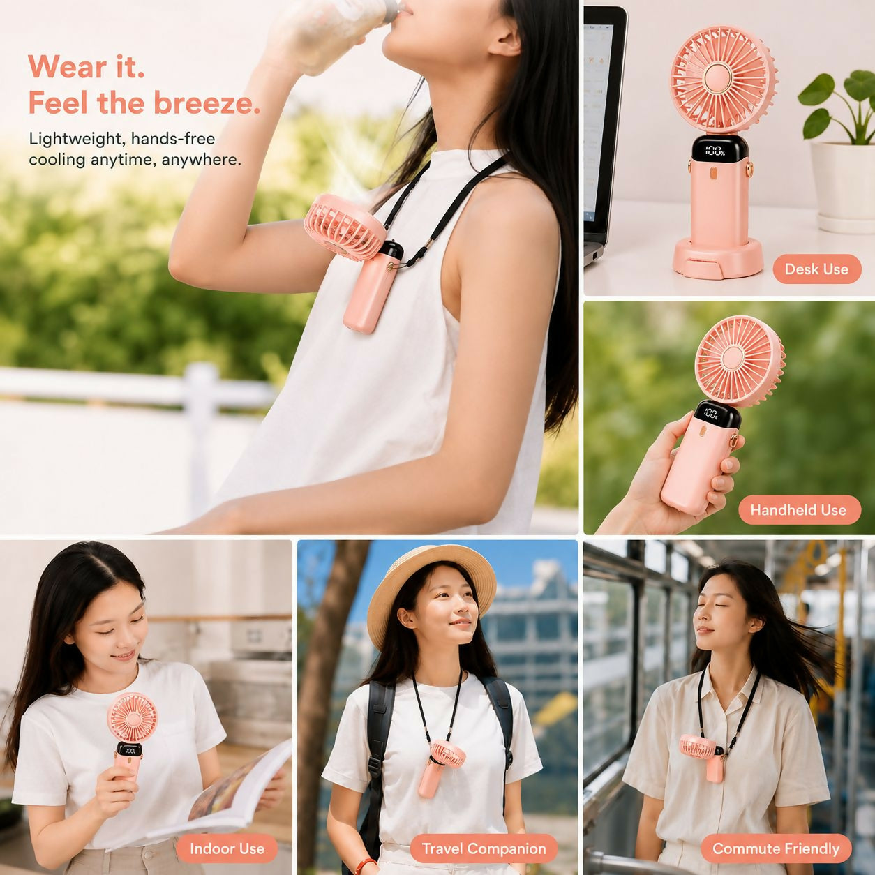 Portable Mini Neck Fan with LED Display & Desk Stand