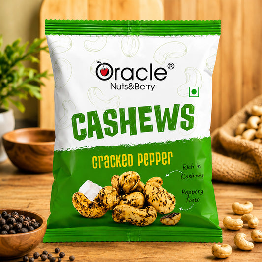 Oracle Black Pepper Cashew Mini pack showing whole roasted cashews.
