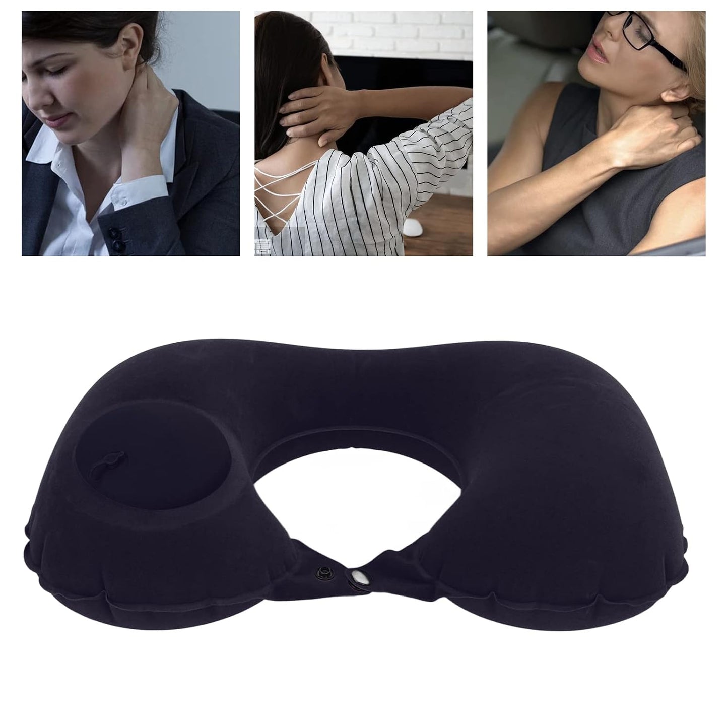 Black inflatable travel pillow in use during a flight
