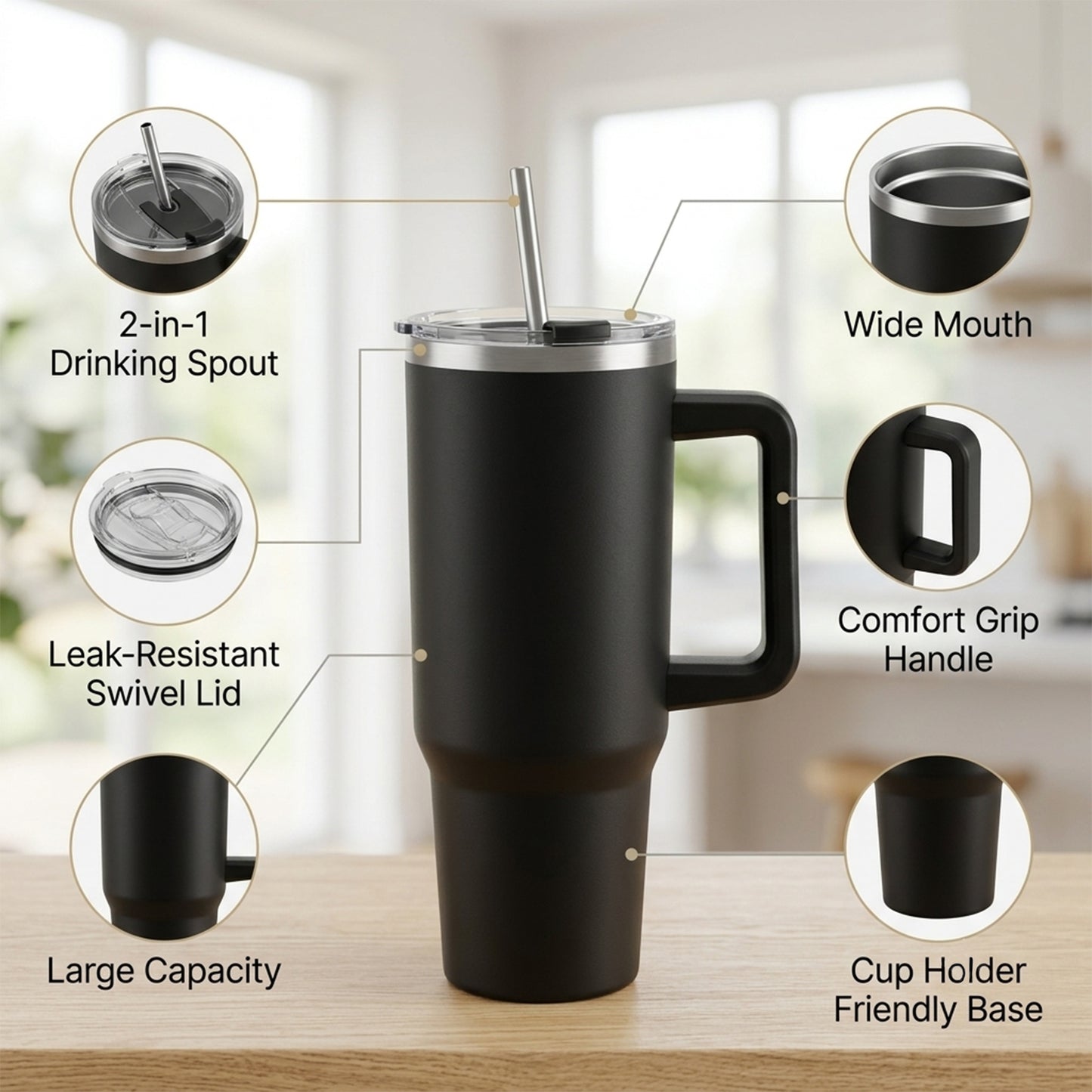 Konvex Hydra Insulated Travel Tumbler 1200 ML with Handle Straw Black (1 Pc)