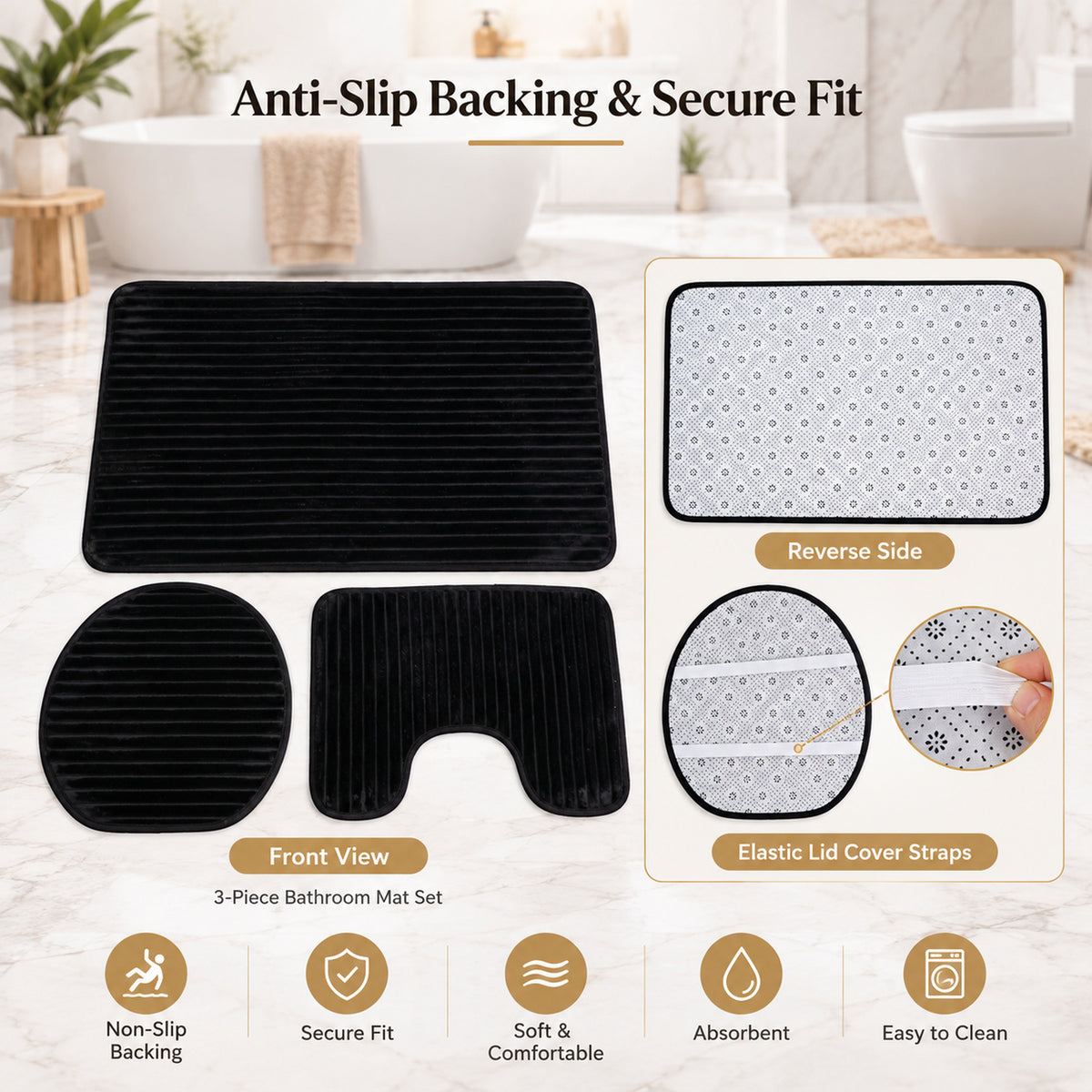 Bathroom Mat Set with Toilet Contour Rug and Lid Cover, Anti Slip (3 Pc Set)