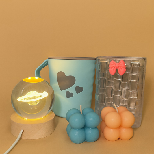 Premium Home & Office Decor Combo – 2 Bubble Candles, 1 Heart-Print Cup, 1 Transparent Pen Stand & 1 Saturn Revolving LED Lamp | Stylish Gift Set for Desk, Bedroom, Study Table & Gifting