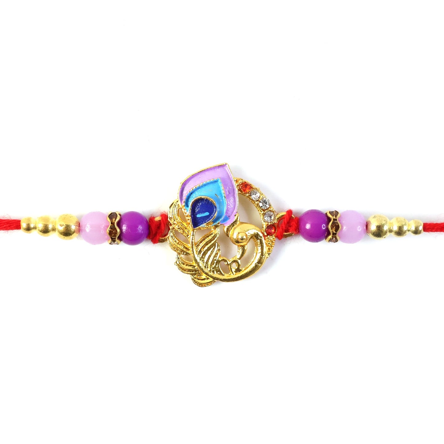Curved Peacock Purple Blue Designer Rakhi with decorative beads and soft thread