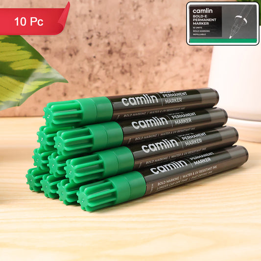 Camlin Bold-E Permanent Marker – Green Colour, Bold & Long-Lasting Ink, Refillable Permanent Markers for Multi-Surfaces – Pack of 10