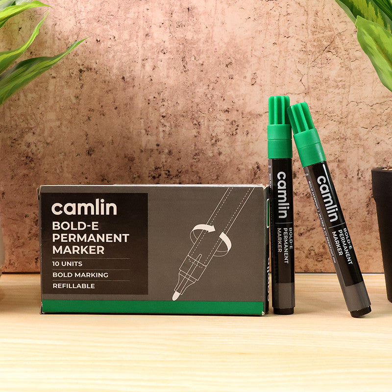 Camlin Bold-E Permanent Marker – Green Colour, Bold & Long-Lasting Ink, Refillable Permanent Markers for Multi-Surfaces – Pack of 10