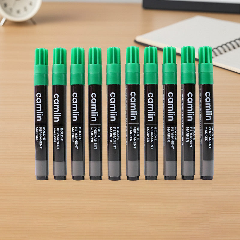 Camlin Bold-E Permanent Marker – Green Colour, Bold & Long-Lasting Ink, Refillable Permanent Markers for Multi-Surfaces – Pack of 10