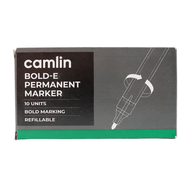 Camlin Bold-E Permanent Marker – Green Colour, Bold & Long-Lasting Ink, Refillable Permanent Markers for Multi-Surfaces – Pack of 10