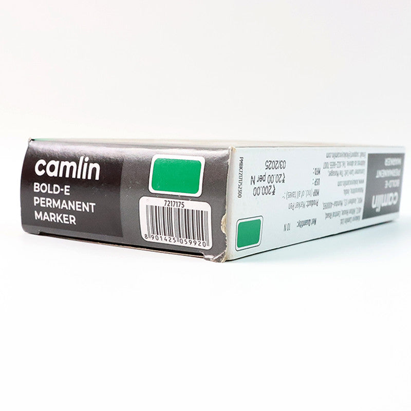 Camlin Bold-E Permanent Marker – Green Colour, Bold & Long-Lasting Ink, Refillable Permanent Markers for Multi-Surfaces – Pack of 10