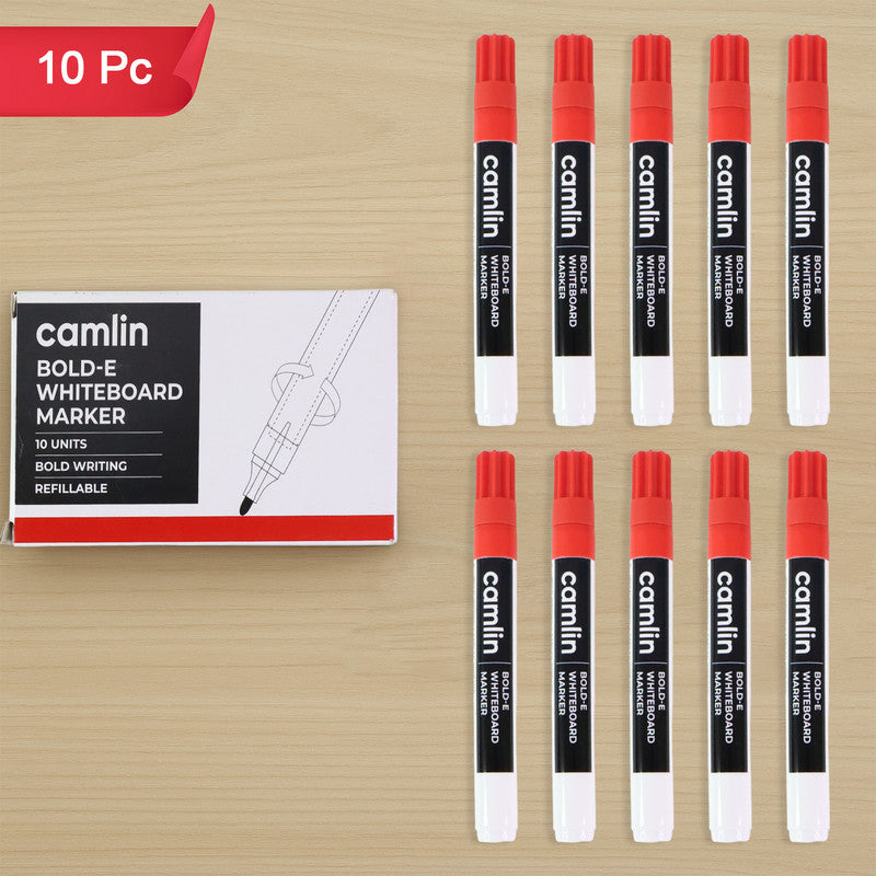 Camlin Bold-E Whiteboard Marker – Red Color Bold Writing Refillable Markers (Pack of 10)