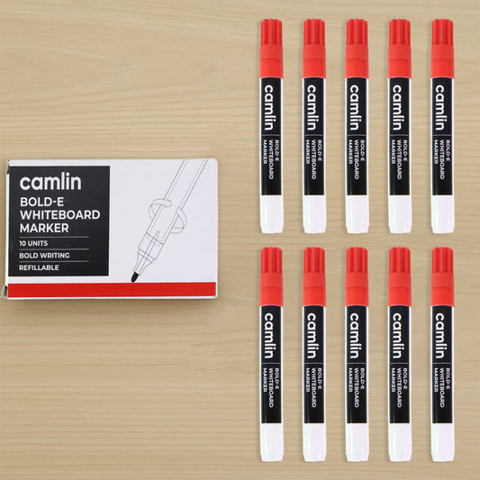Camlin Bold-E Whiteboard Marker – Red Color Bold Writing Refillable Markers (Pack of 10)