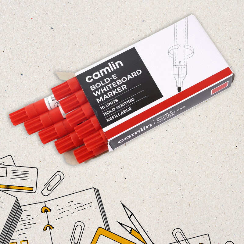 Camlin Bold-E Whiteboard Marker – Red Color Bold Writing Refillable Markers (Pack of 10)