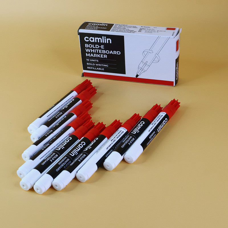 Camlin Bold-E Whiteboard Marker – Red Color Bold Writing Refillable Markers (Pack of 10)
