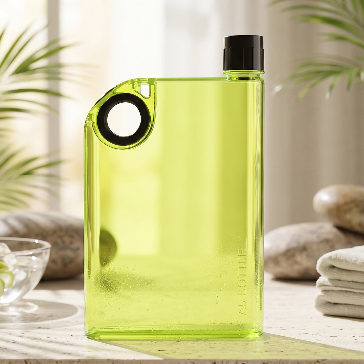 Side view showing the slim profile of the green hydration water bottle