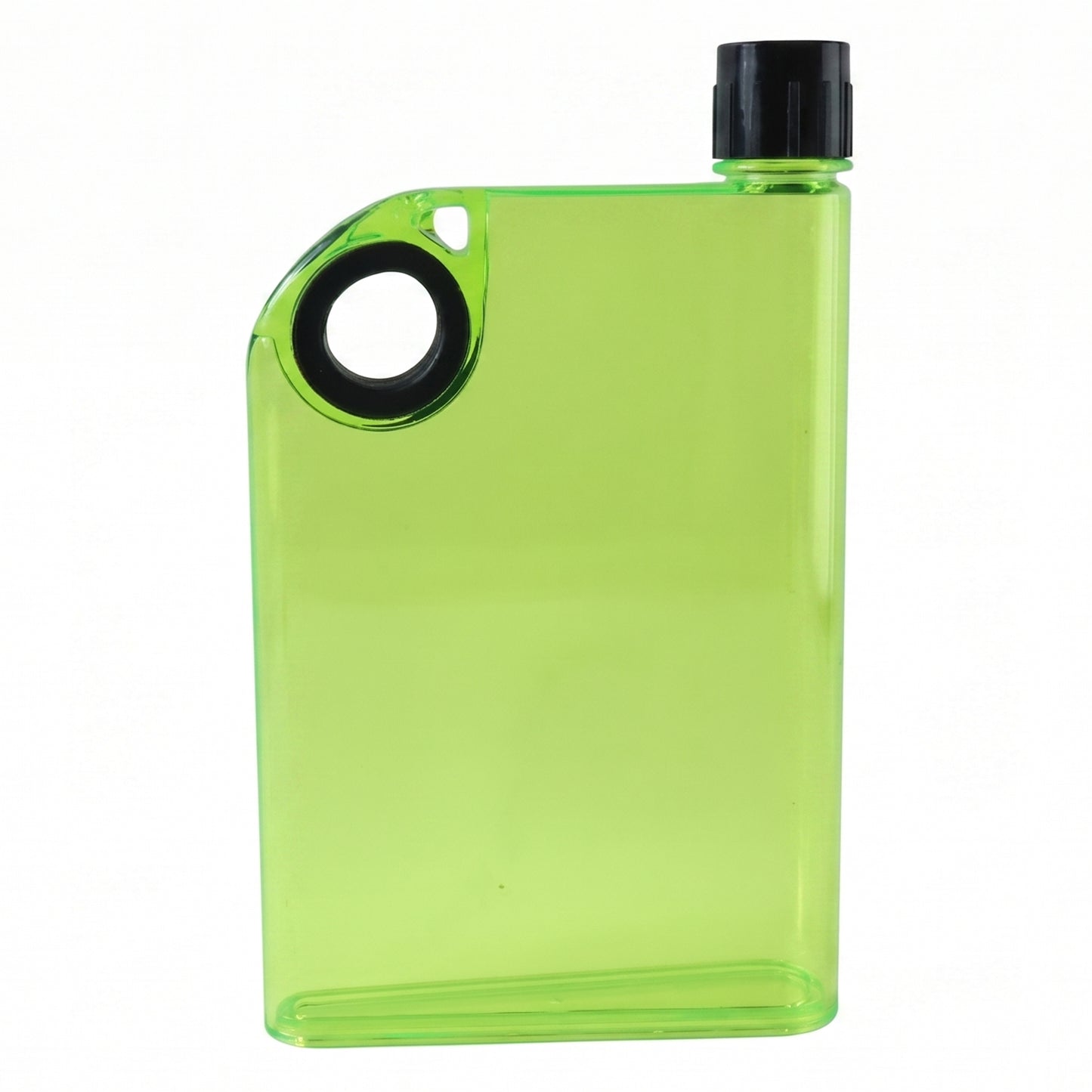 Green portable flat water bottle with ergonomic shape for easy handling