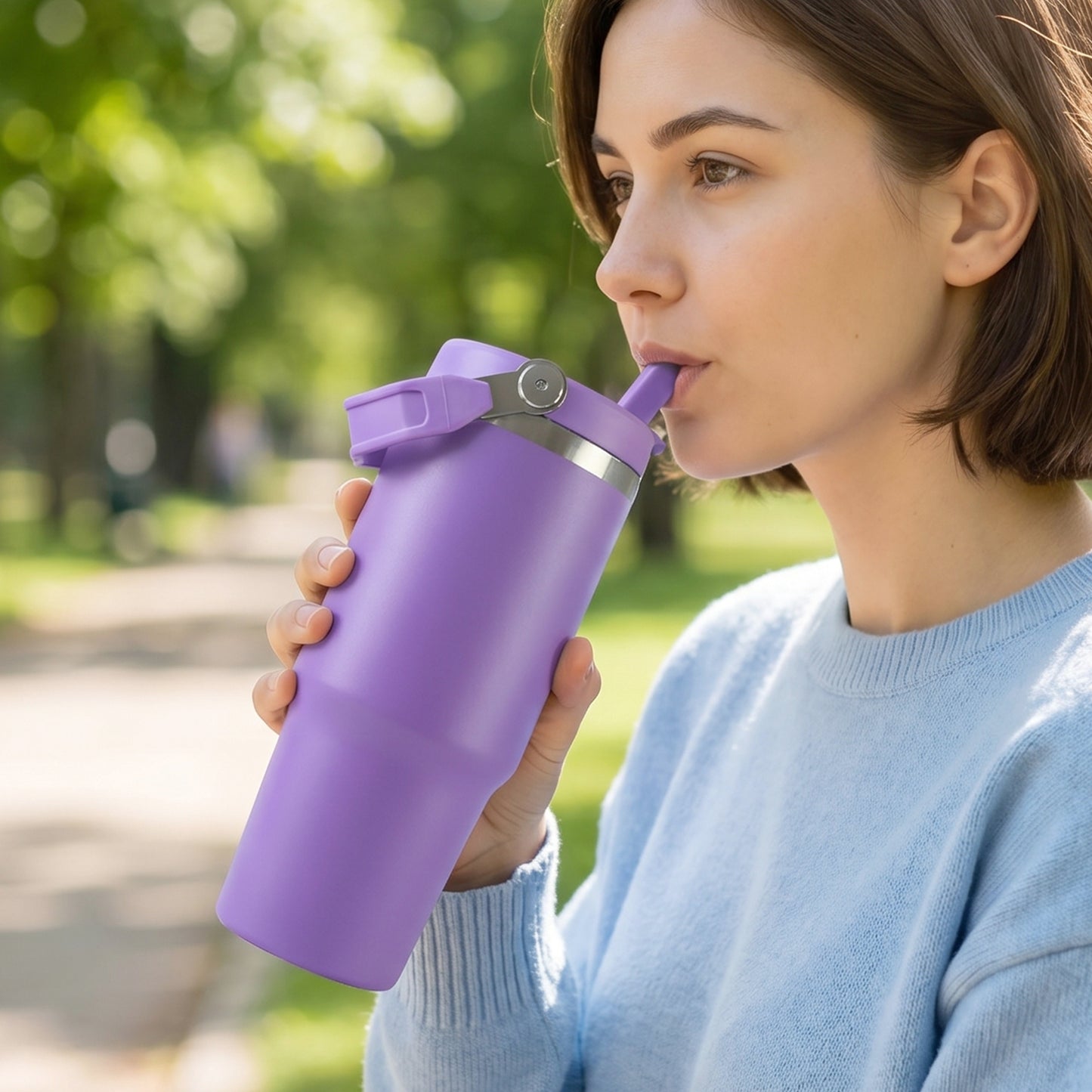 Vacation travel mug with double-wall insulation and straw