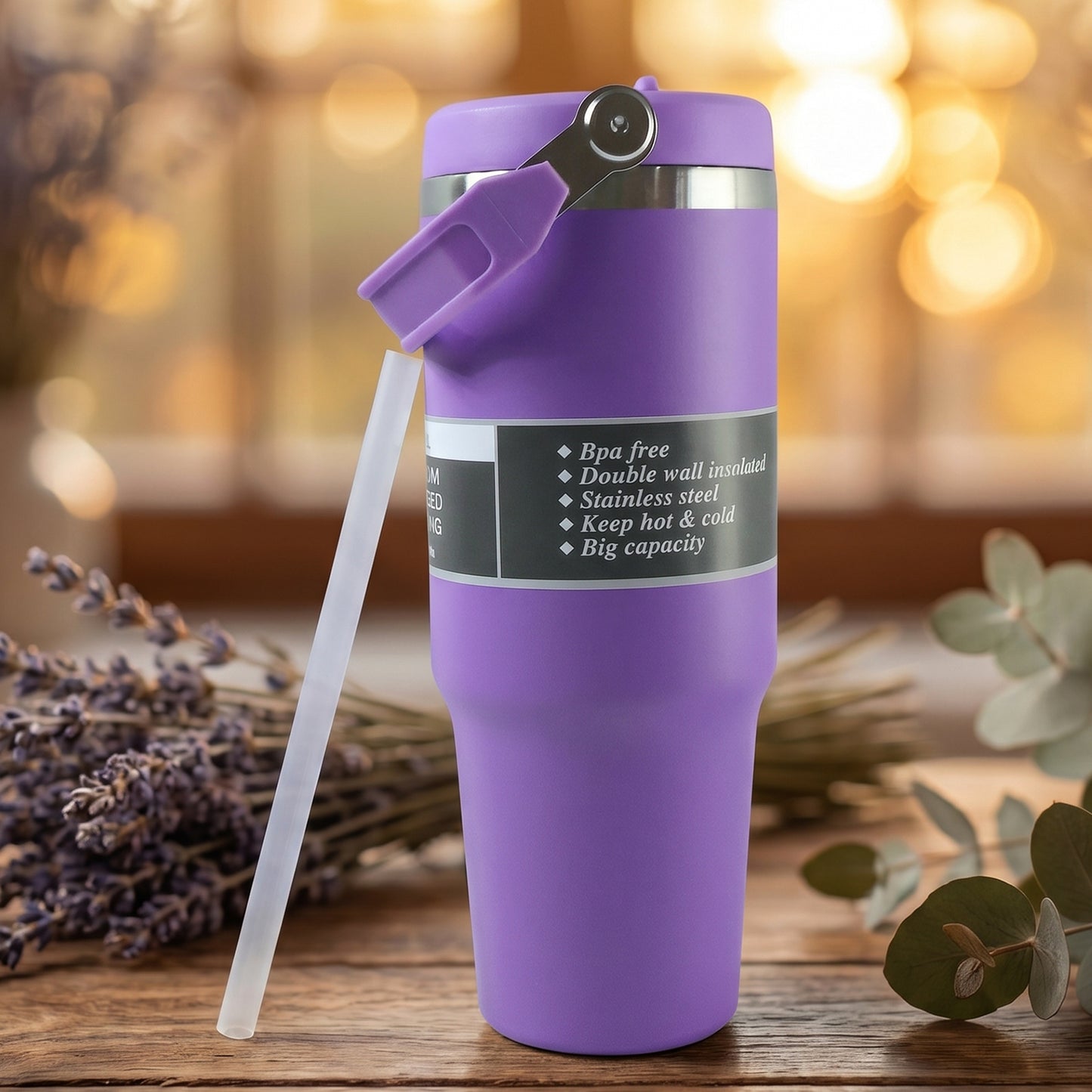 Reusable straw included with vacuum insulated travel mug